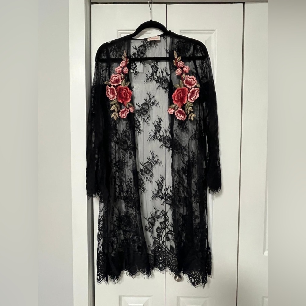 Alythea Black Lace Robe with Pink Floral Accents